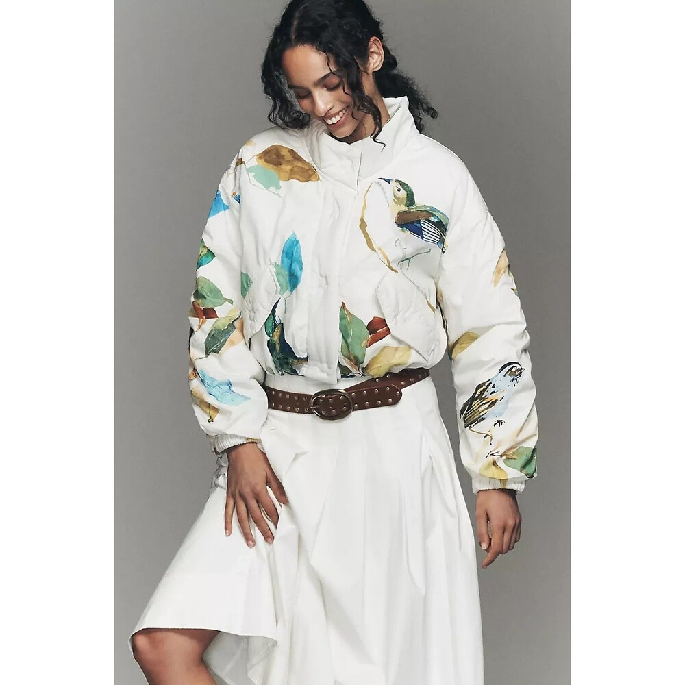 Anthropologie Raven Roxanne Funnel Neck Puffer Jacket Womens XS Bird Print Cropp